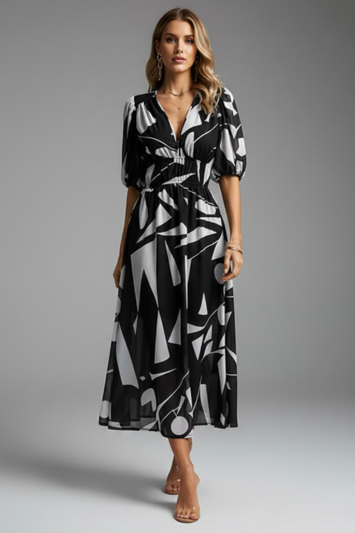 Robe Midi Femme avec Manches Bouffantes et Imprimé Floral