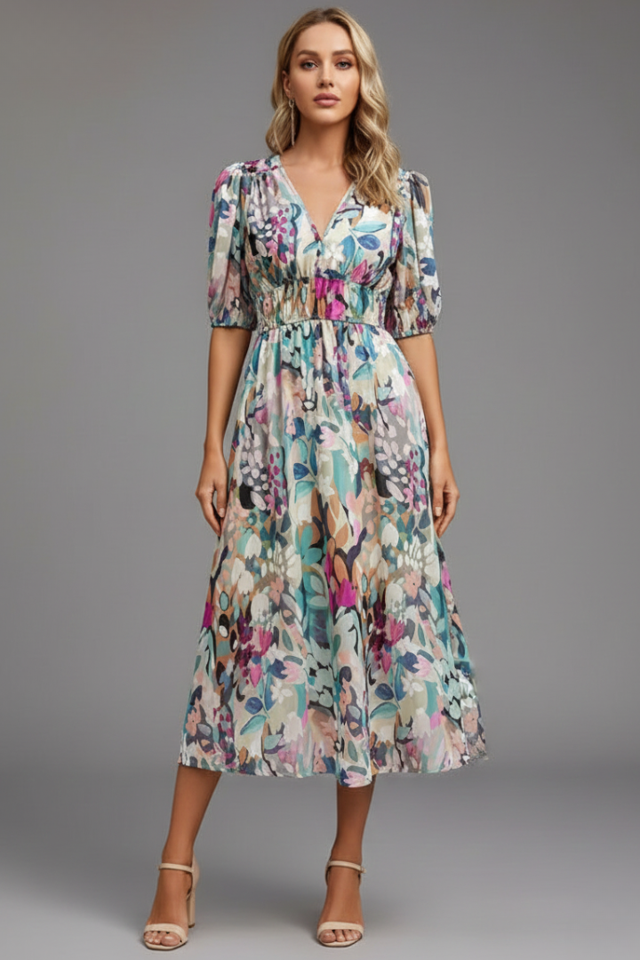 Robe Midi Femme avec Manches Bouffantes et Imprimé Floral