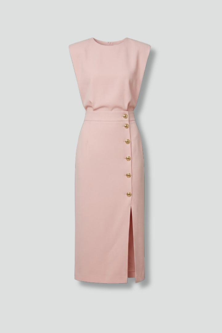 Robe Midi Femme avec Encolure Ronde et Fente Boutonnée