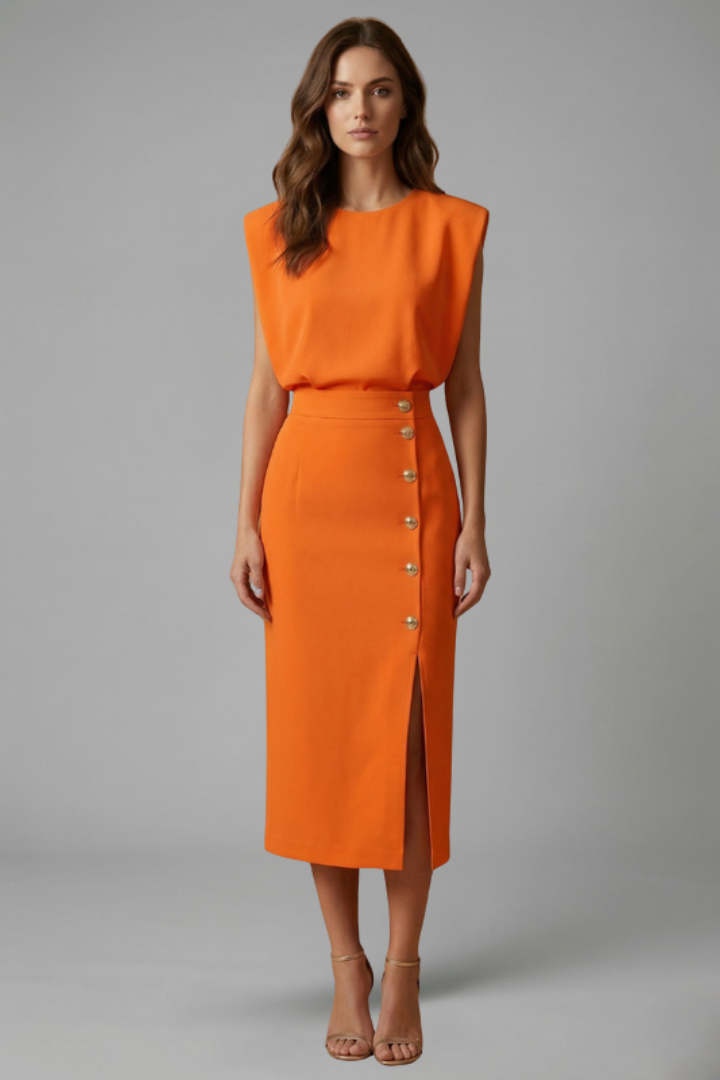 Robe Midi Femme avec Encolure Ronde et Fente Boutonnée