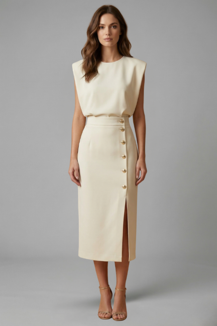 Robe Midi Femme avec Encolure Ronde et Fente Boutonnée