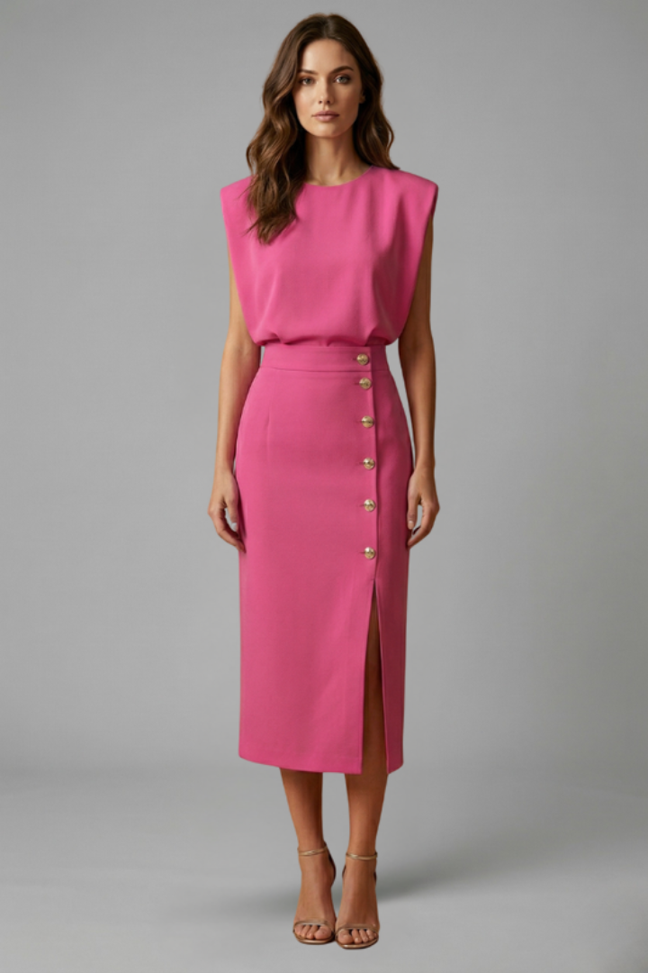 Robe Midi Femme avec Encolure Ronde et Fente Boutonnée