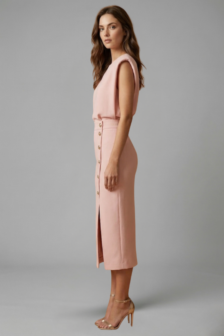 Robe Midi Femme avec Encolure Ronde et Fente Boutonnée