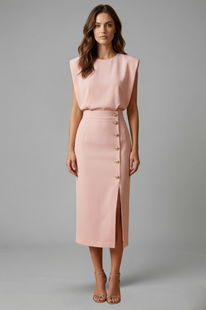 Robe Midi Femme avec Encolure Ronde et Fente Boutonnée