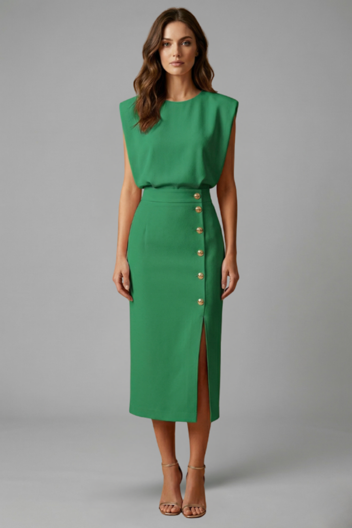 Robe Midi Femme avec Encolure Ronde et Fente Boutonnée