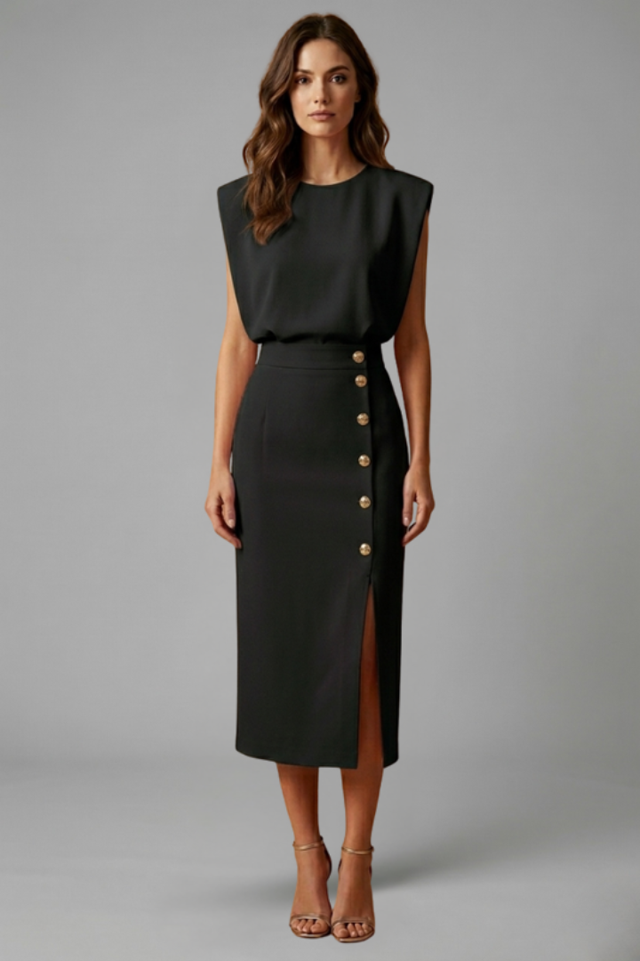 Robe Midi Femme avec Encolure Ronde et Fente Boutonnée