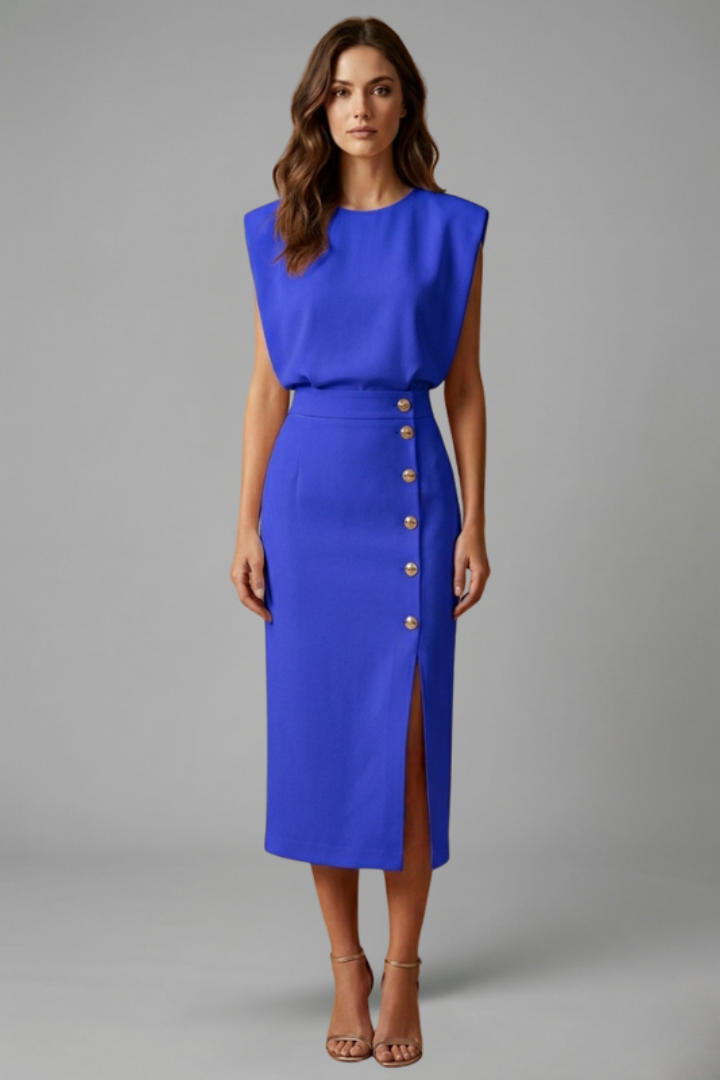 Robe Midi Femme avec Encolure Ronde et Fente Boutonnée