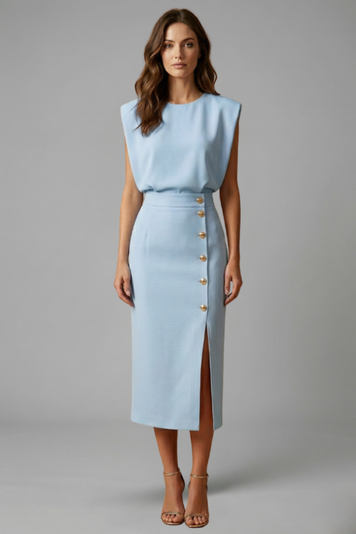 Robe Midi Femme avec Encolure Ronde et Fente Boutonnée