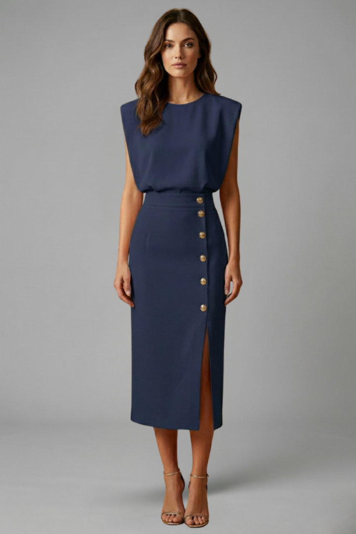 Robe Midi Femme avec Encolure Ronde et Fente Boutonnée
