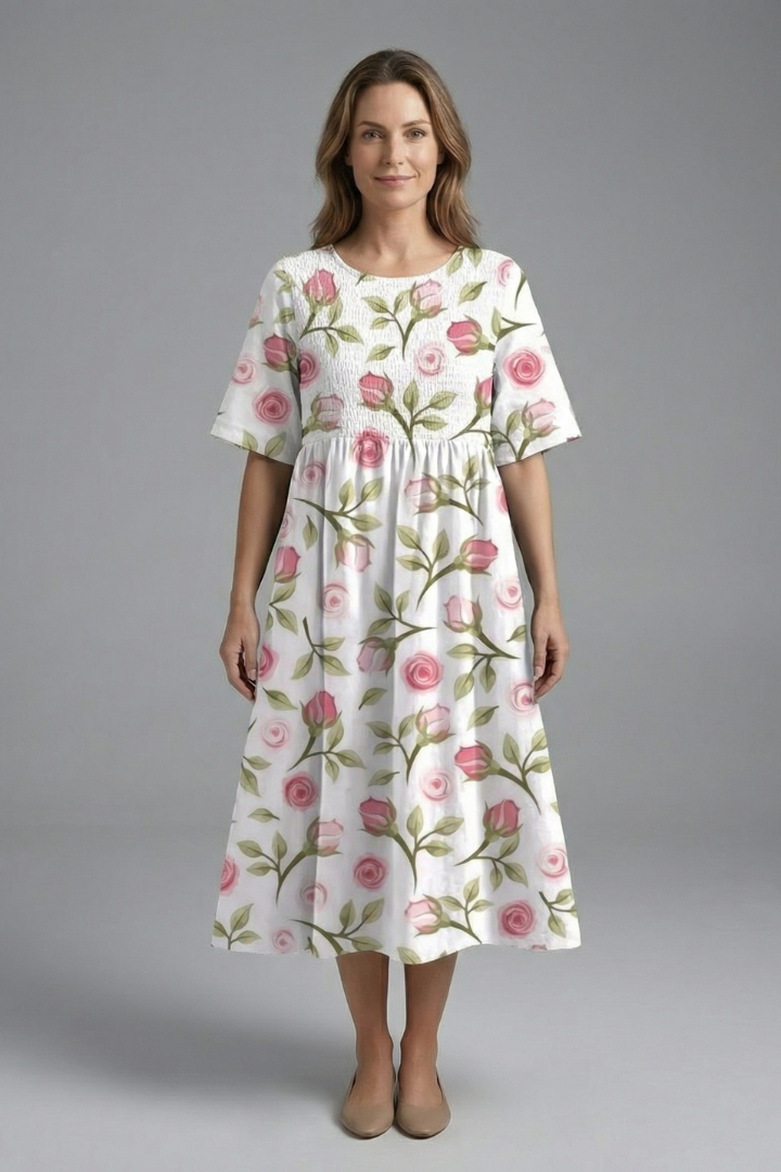 Robe Midi Femme avec Col Rond et Imprimé Floral