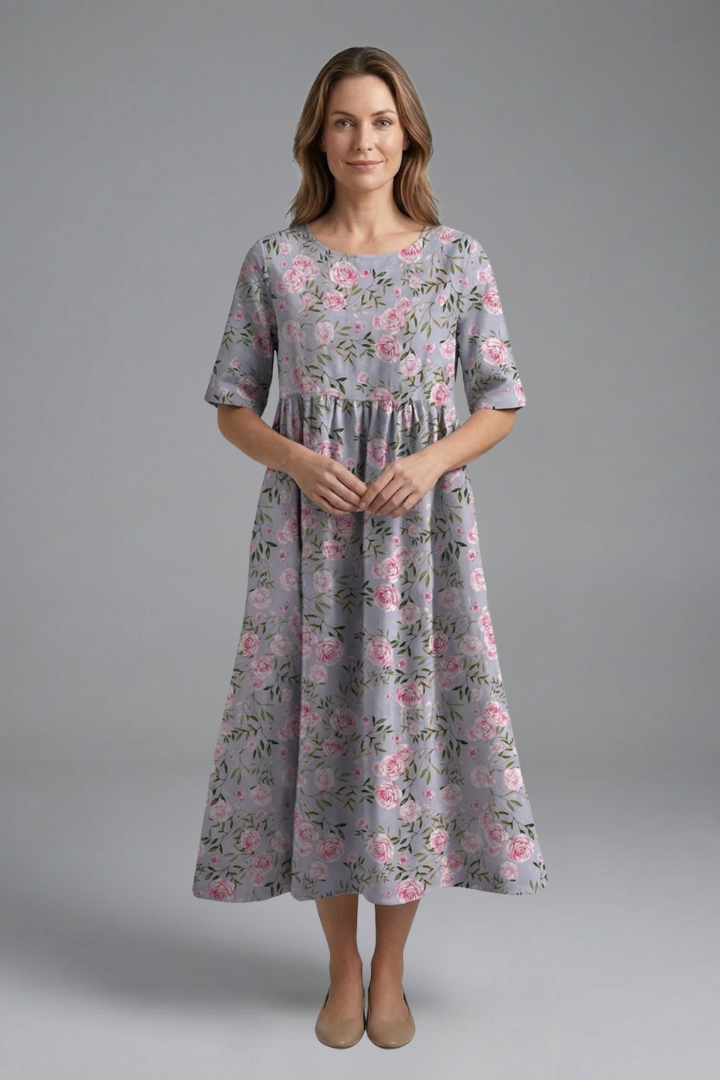 Robe Midi Femme avec Col Rond et Imprimé Floral