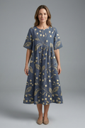 Robe Midi Femme avec Col Rond et Imprimé Floral