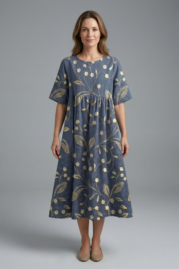 Robe Midi Femme avec Col Rond et Imprimé Floral