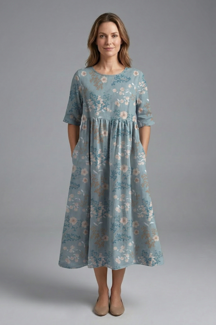 Robe Midi Femme avec Col Rond et Imprimé Floral