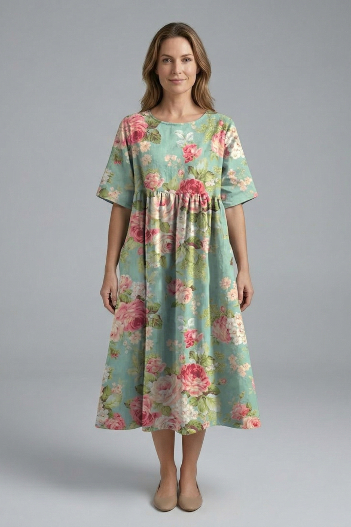 Robe Midi Femme avec Col Rond et Imprimé Floral