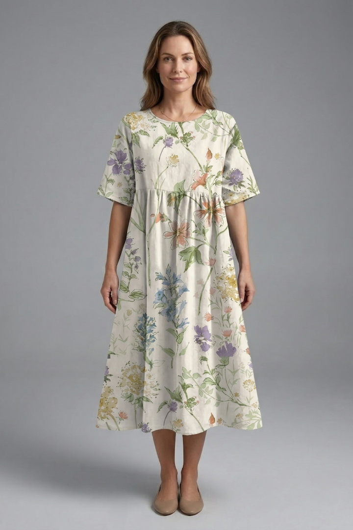Robe Midi Femme avec Col Rond et Imprimé Floral