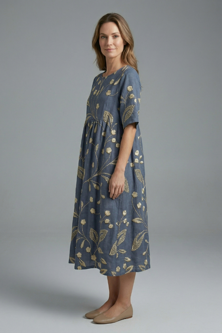 Robe Midi Femme avec Col Rond et Imprimé Floral