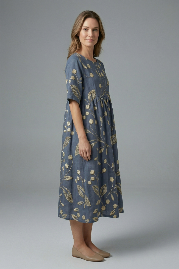 Robe Midi Femme avec Col Rond et Imprimé Floral