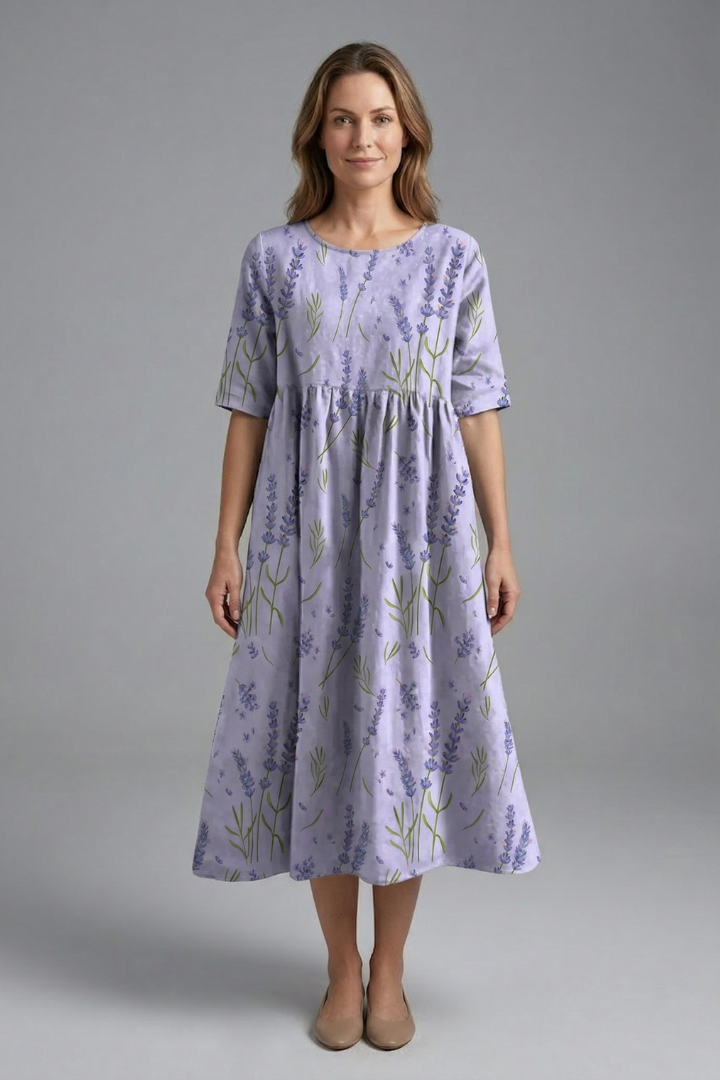 Robe Midi Femme avec Col Rond et Imprimé Floral