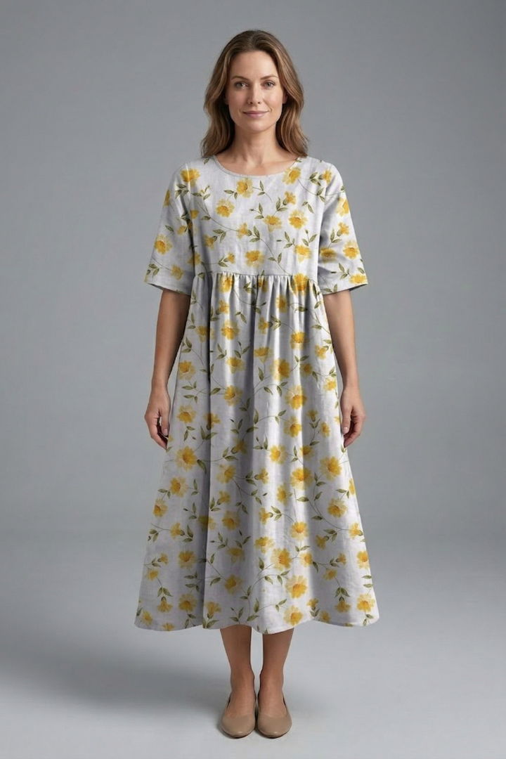 Robe Midi Femme avec Col Rond et Imprimé Floral