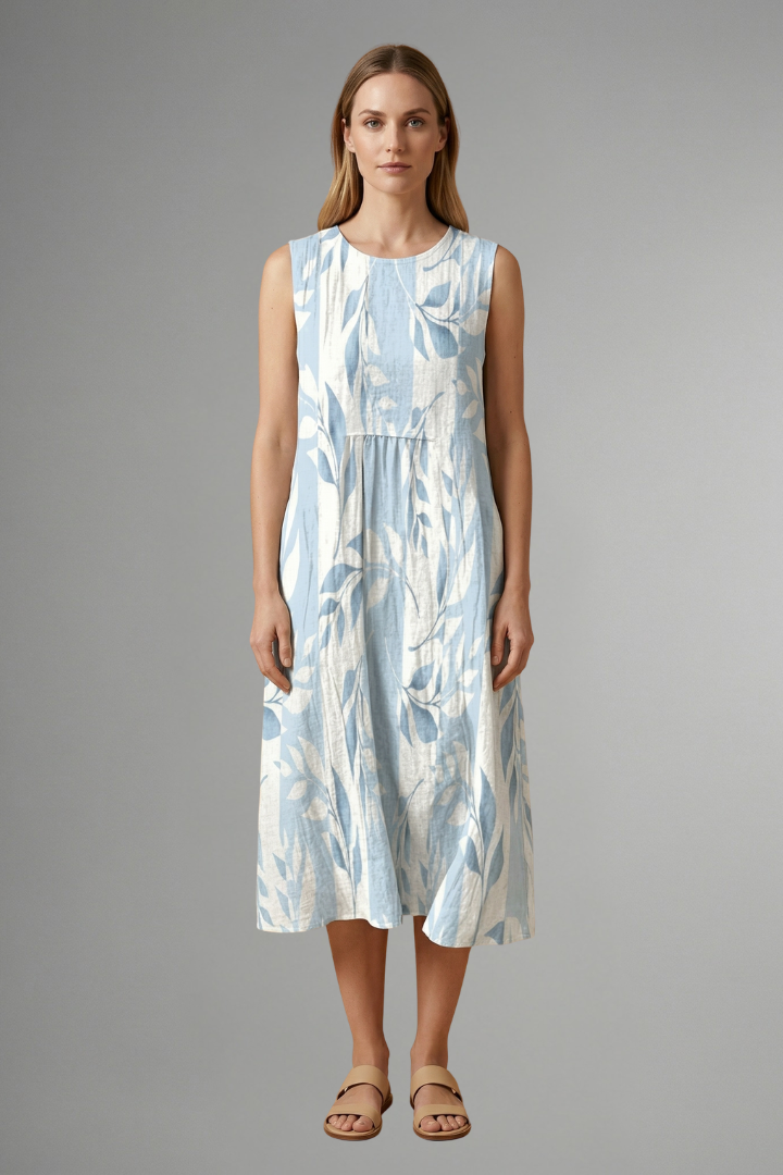Robe Midi Femme avec Col Rond et Motif Feuille
