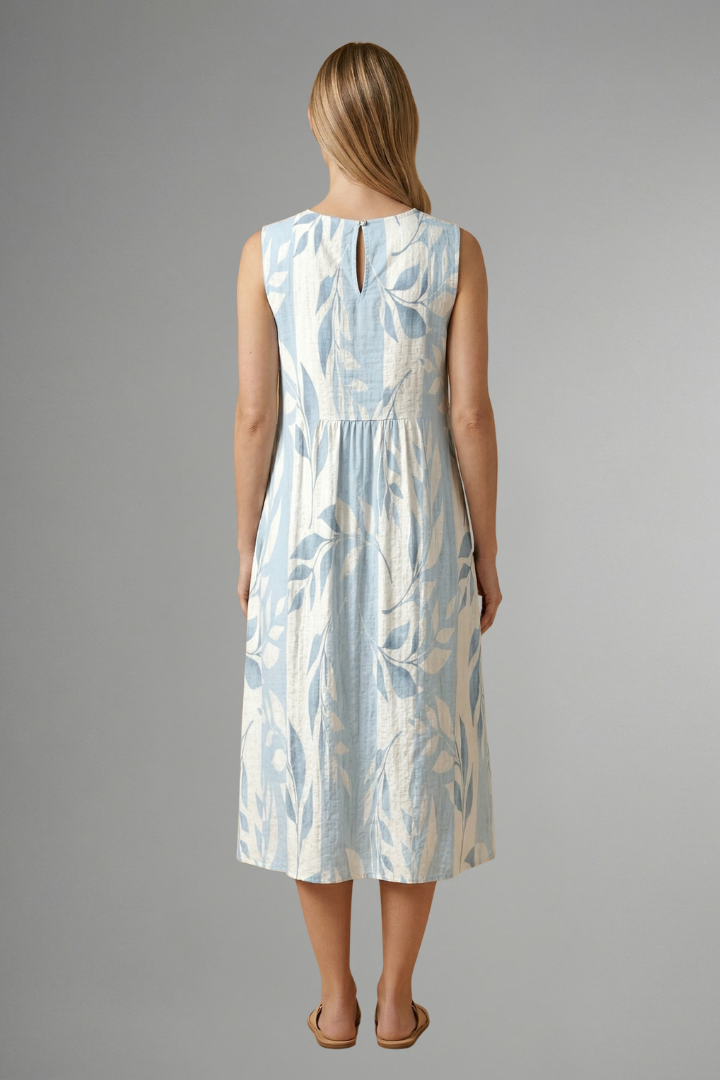 Robe Midi Femme avec Col Rond et Motif Feuille