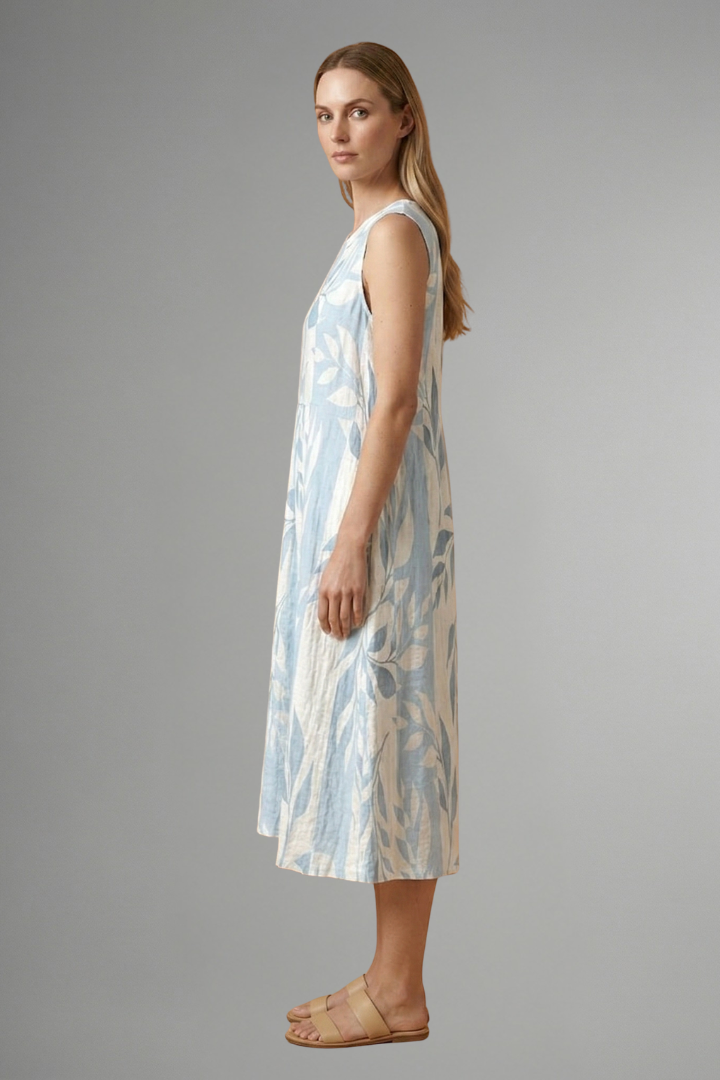 Robe Midi Femme avec Col Rond et Motif Feuille