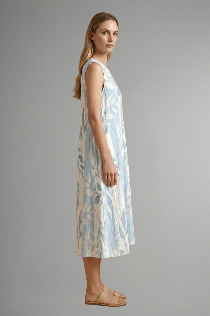 Robe Midi Femme avec Col Rond et Motif Feuille