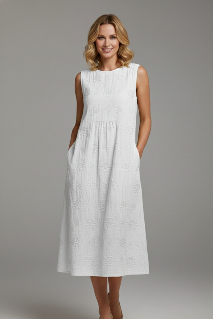 Robe Midi Femme avec Encolure Ronde et Design Sans Manches