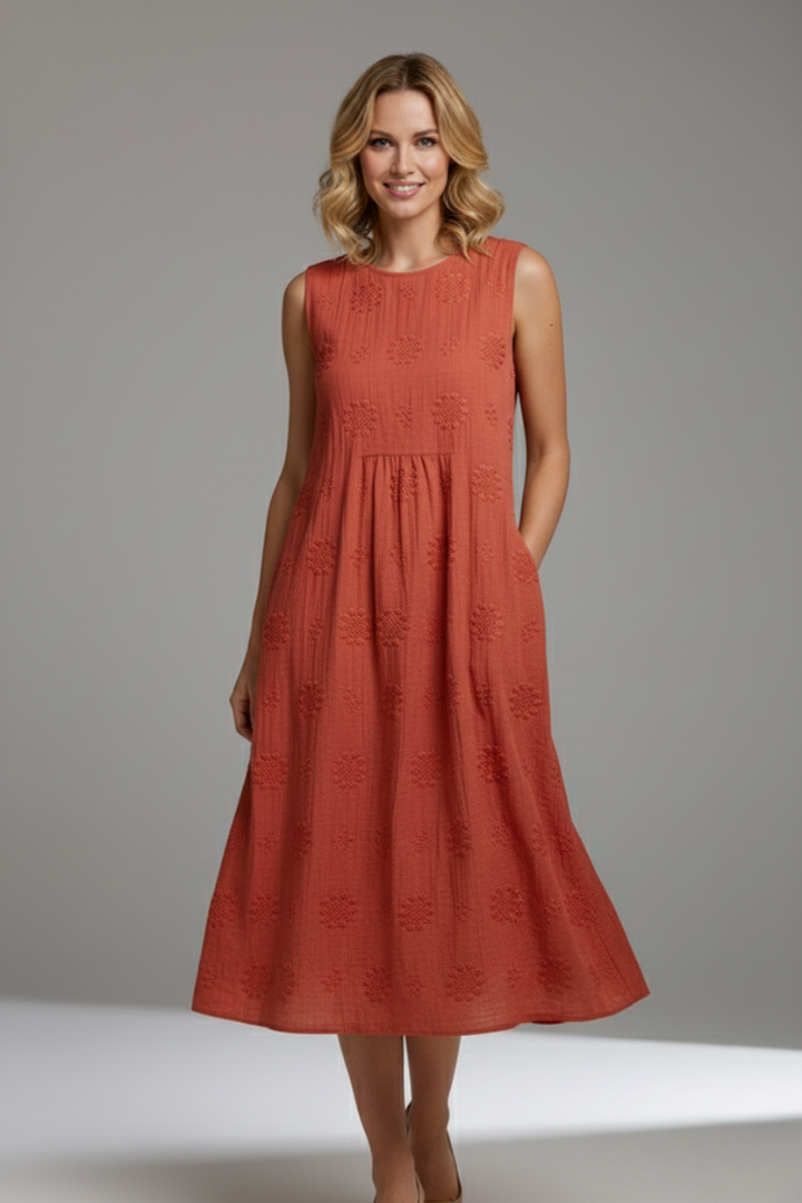 Robe Midi Femme avec Encolure Ronde et Design Sans Manches
