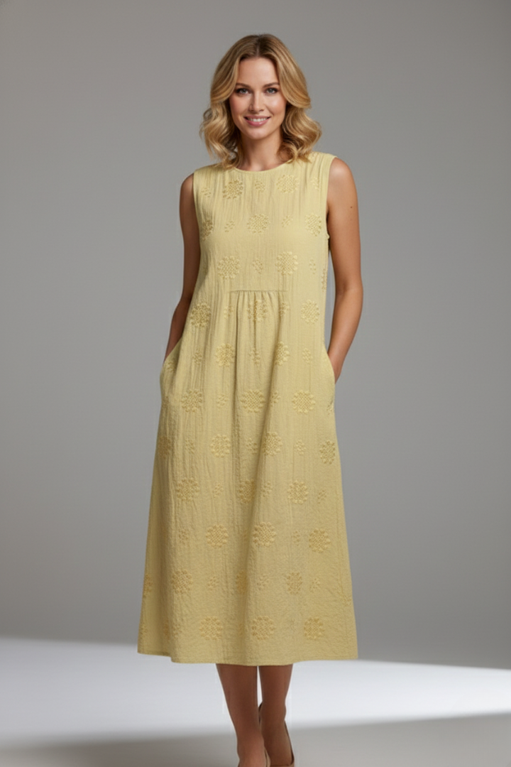 Robe Midi Femme avec Encolure Ronde et Design Sans Manches