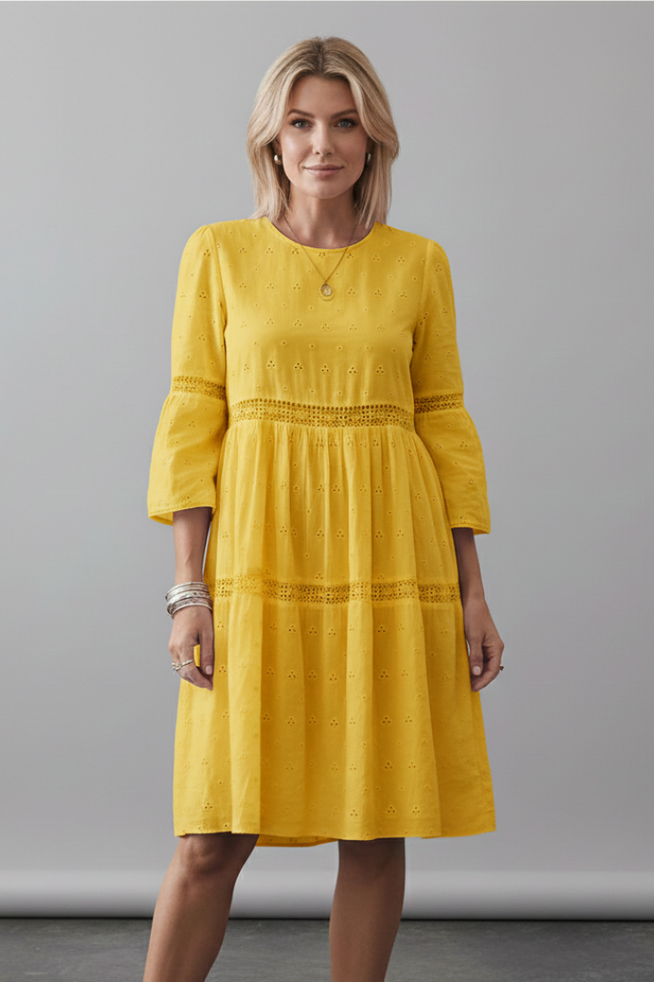 Robe Midi Femme avec Encolure Ronde et Manches Longues