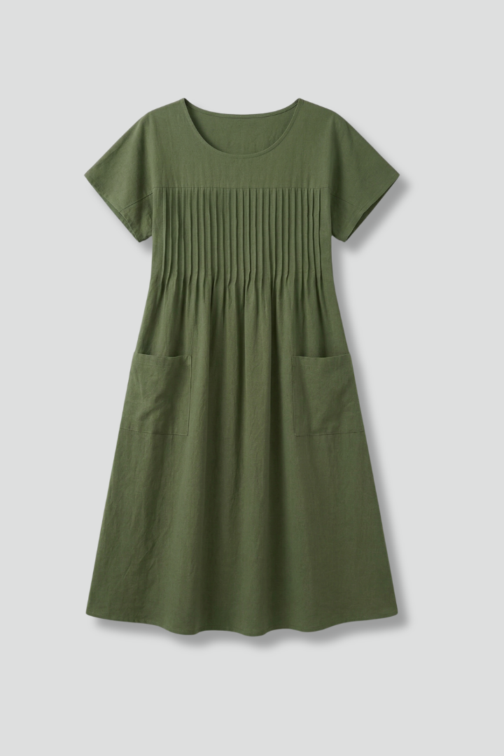Robe Midi Femme à Manches Courtes et Poches Latérales
