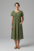 Robe Midi Femme à Manches Courtes et Poches Latérales