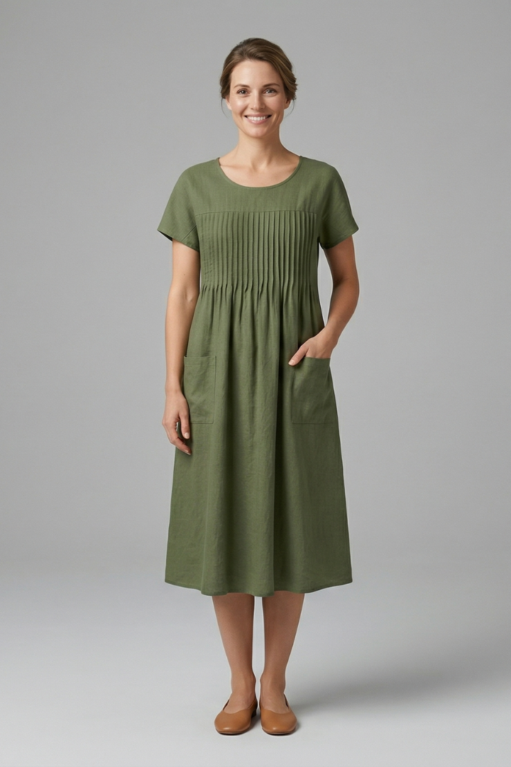 Robe Midi Femme à Manches Courtes et Poches Latérales