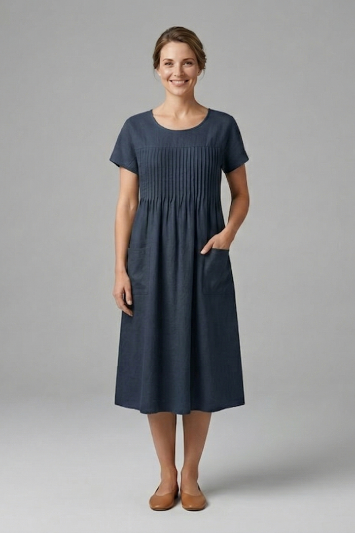 Robe Midi Femme à Manches Courtes et Poches Latérales