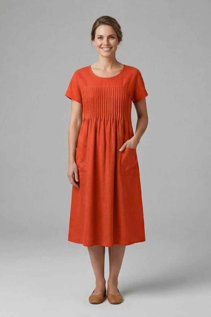 Robe Midi Femme à Manches Courtes et Poches Latérales