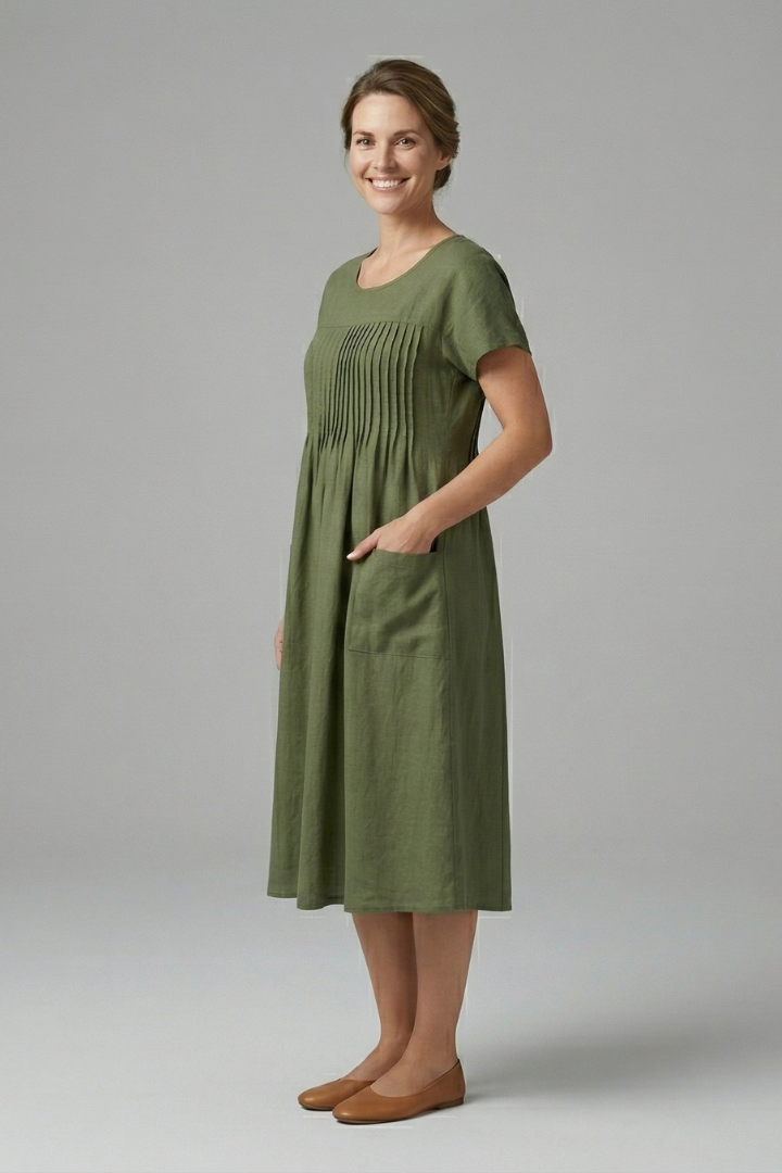 Robe Midi Femme à Manches Courtes et Poches Latérales