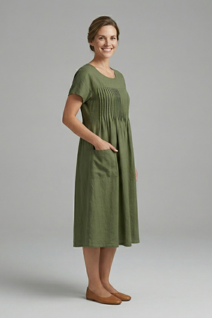Robe Midi Femme à Manches Courtes et Poches Latérales
