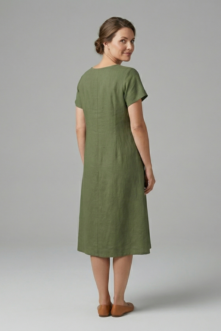 Robe Midi Femme à Manches Courtes et Poches Latérales