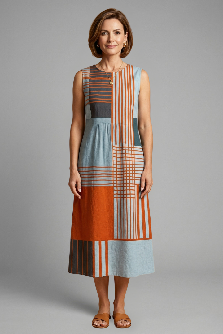 Robe Midi Femme à Design Sans Manches et Imprimé Géométrique