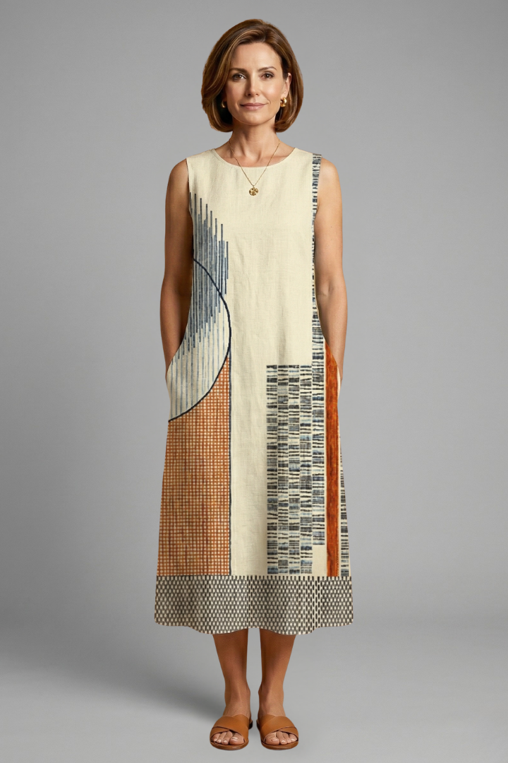 Robe Midi Femme à Design Sans Manches et Imprimé Géométrique