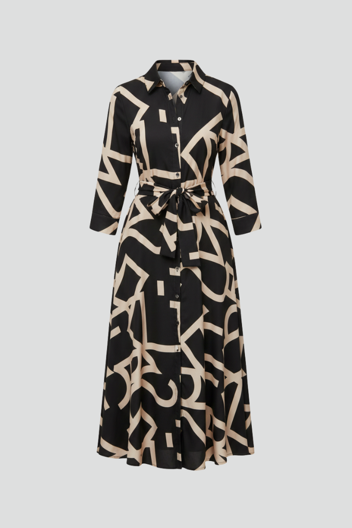 Robe Midi Femme avec Col Revers et Ceinture à la Taille