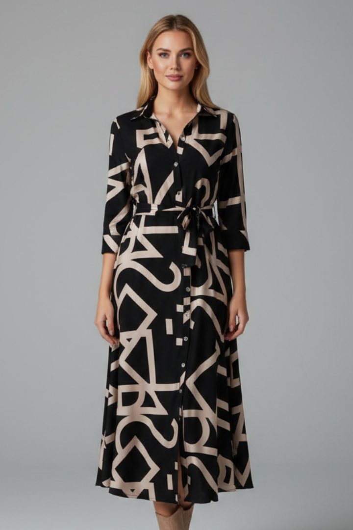Robe Midi Femme avec Col Revers et Ceinture à la Taille