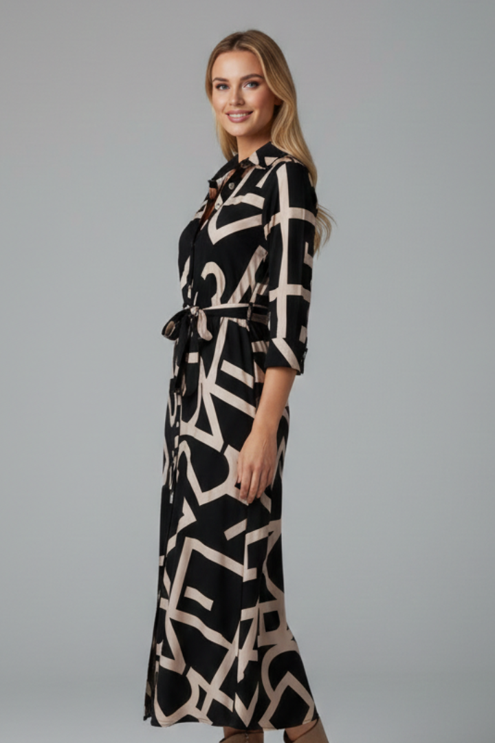 Robe Midi Femme avec Col Revers et Ceinture à la Taille