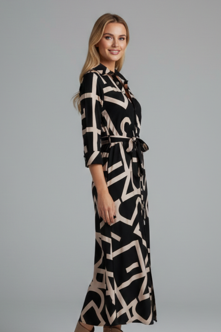 Robe Midi Femme avec Col Revers et Ceinture à la Taille