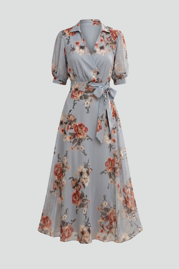 Robe Midi Femme avec Décolleté en V et Motif Floral