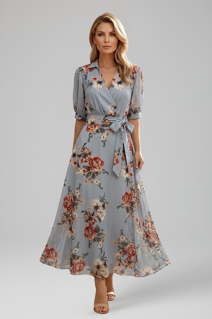 Robe Midi Femme avec Décolleté en V et Motif Floral
