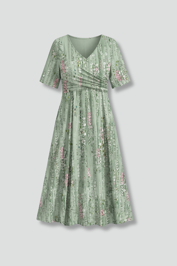 Robe Midi Femme avec Décolleté en V et Manches Courtes