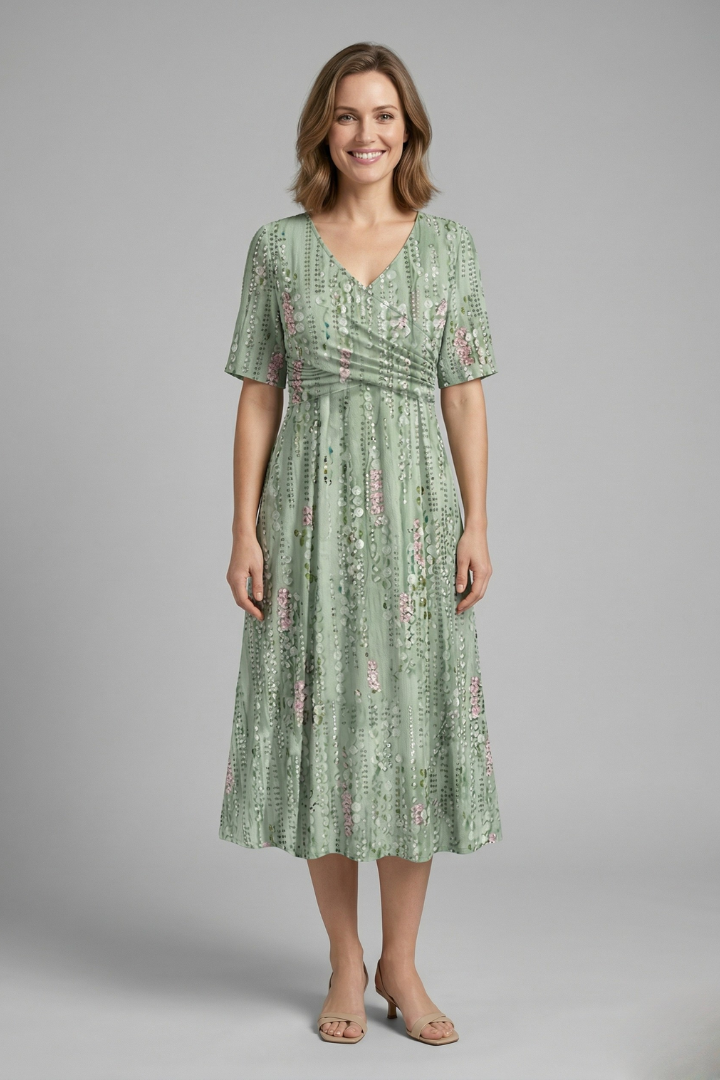Robe Midi Femme avec Décolleté en V et Manches Courtes
